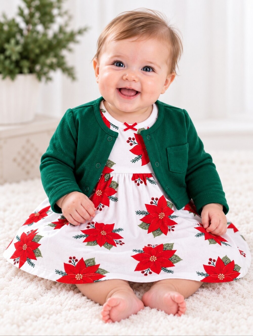 Hudson Baby Green Cardigan and Pointsetta Christmas Dress 2 Piece Set 6-…